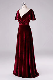 Elegant Burgundy V-Neck A-Line Long Velvet Bridesmaid Dresses