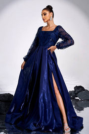 Dark Blue Square Neck A-Line Sequin Evening Dresses with Slit Long Sleeves