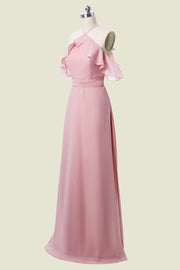 Pink Sleeveless Spaghetti Straps Floor-Length Chiffon A-Line Bridesmaid Dresses