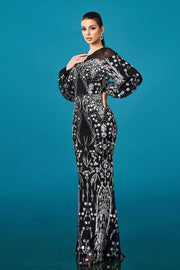 Black Floor-Length Crew Neck Mermaid Sequin Evening Dresses with Long Sleeves