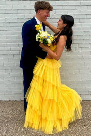 Yellow Spaghetti Straps Tulle A-Line Wedding Dresses Floor-Length Sleeveless