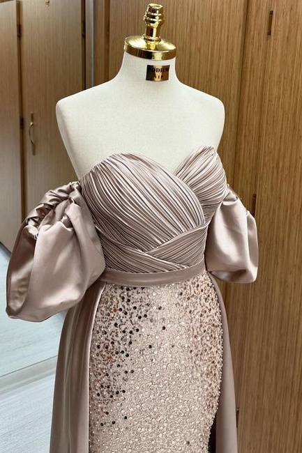 Glamorous Sweep Train Sequined Mermaid Off-The-Shoulder Sweetheart Strapless Satin Prom Dresses