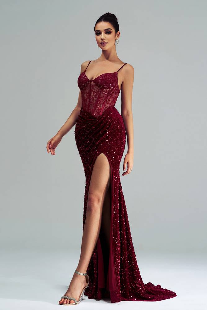 Burgundy Sequined Long Mermaid Sleeveless Prom Dresses with Slit