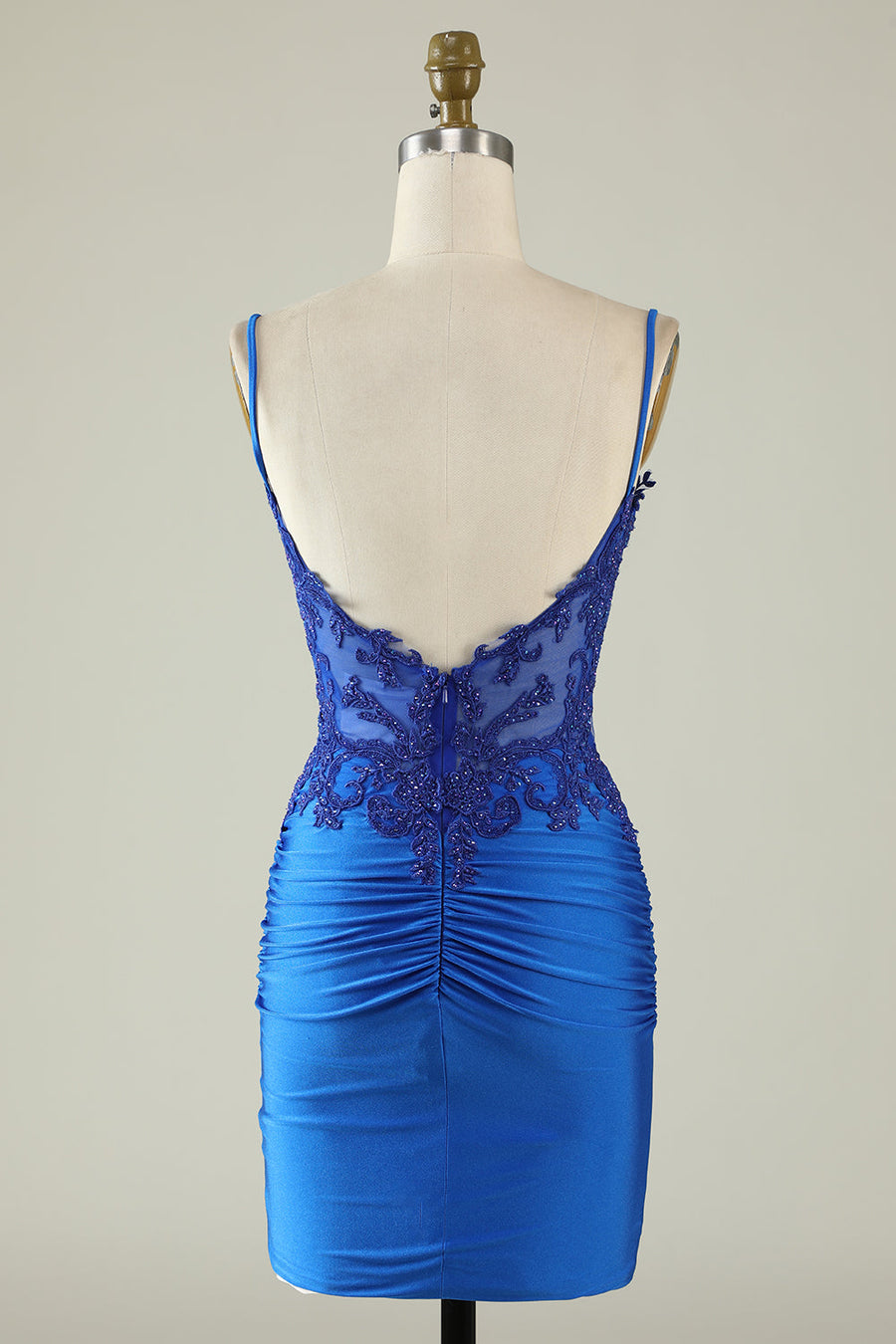 Royal Blue Spaghetti Straps Sheath Short Formal Dresses Satin with Open Back