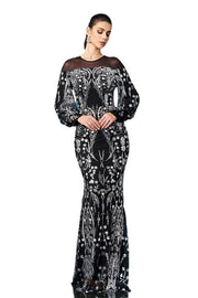 Black Floor-Length Crew Neck Mermaid Sequin Evening Dresses with Long Sleeves