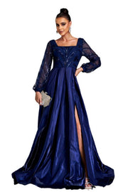 Dark Blue Square Neck A-Line Sequin Evening Dresses with Slit Long Sleeves