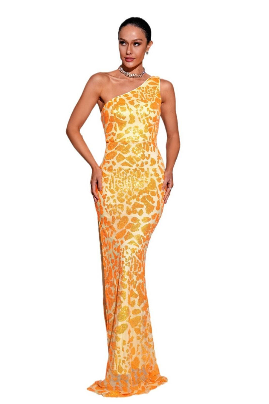 Yellow Sequined One-Shoulder Mermaid Prom Evening Dresses with Slit