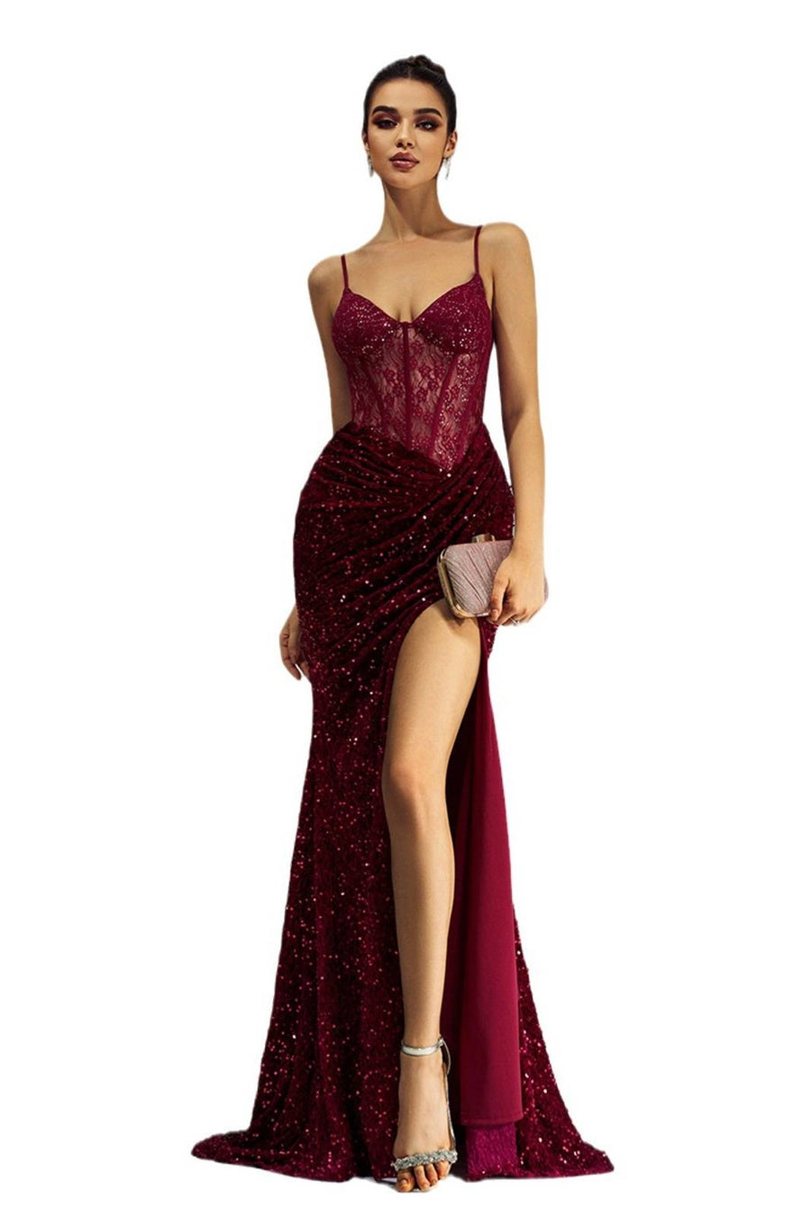 Burgundy Sequined Long Mermaid Sleeveless Prom Dresses with Slit