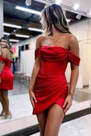 Red Off-The-Shoulder Pleated Satin Sheath Short Homecoming Dresses