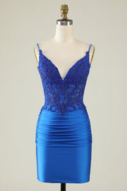 Royal Blue Spaghetti Straps Sheath Short Formal Dresses Satin with Open Back