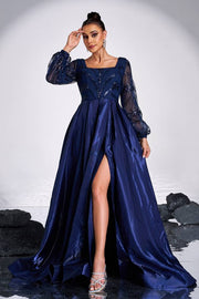 Dark Blue Square Neck A-Line Sequin Evening Dresses with Slit Long Sleeves