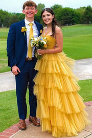 Yellow Spaghetti Straps Tulle A-Line Wedding Dresses Floor-Length Sleeveless