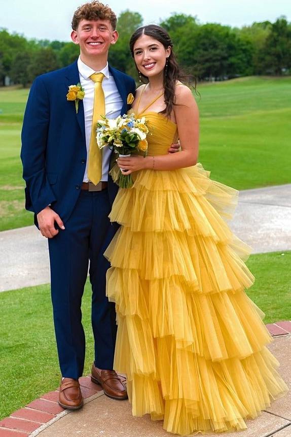 Yellow Spaghetti Straps Tulle A-Line Wedding Dresses Floor-Length Sleeveless