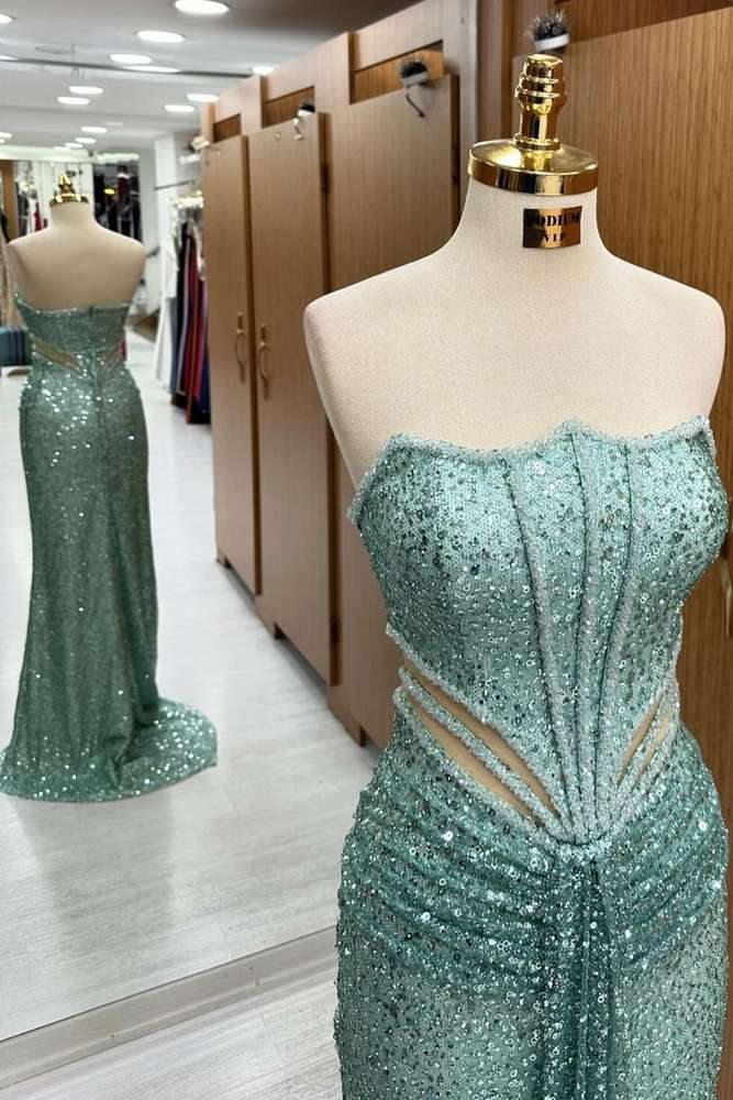 Luxurious Strapless Mermaid Sequined Prom Dresses with Sweep Train