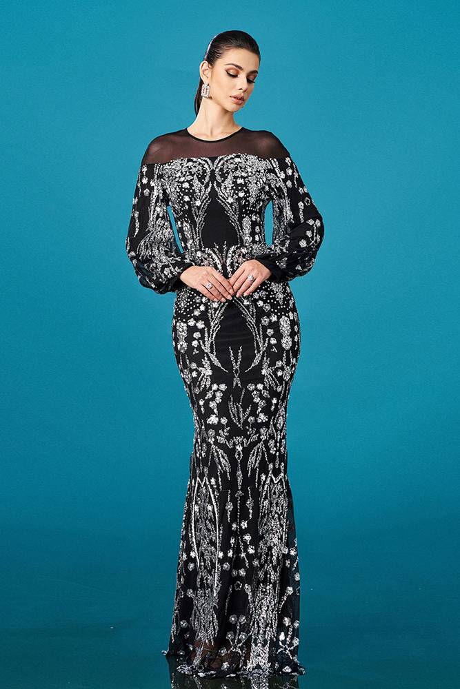 Black Floor-Length Crew Neck Mermaid Sequin Evening Dresses with Long Sleeves