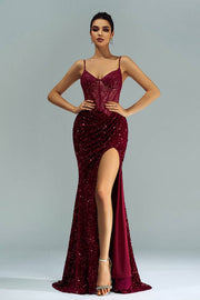 Burgundy Sequined Long Mermaid Sleeveless Prom Dresses with Slit