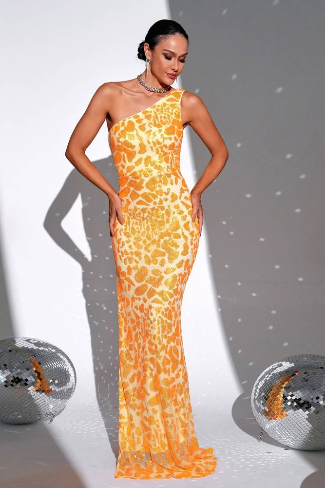 Yellow Sequined One-Shoulder Mermaid Prom Evening Dresses with Slit