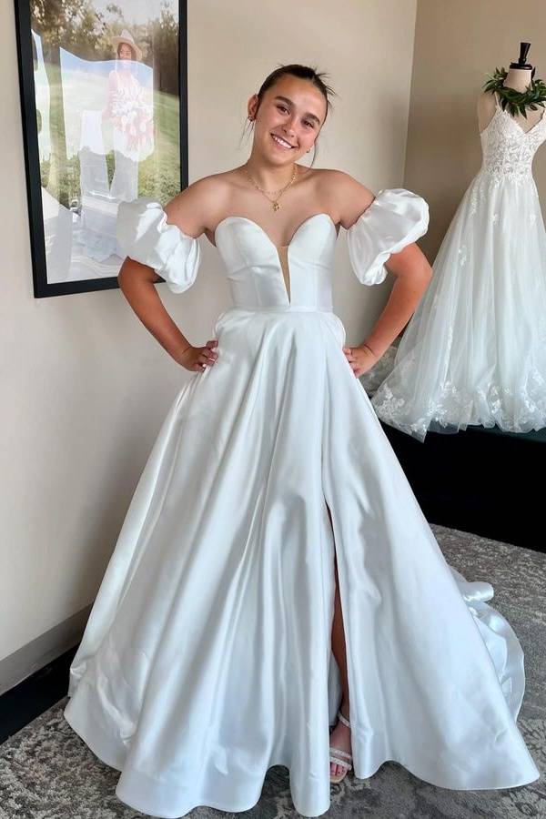 Chic Floor-Length V-Neck Strapless A-Line Satin Wedding Dress with Slit