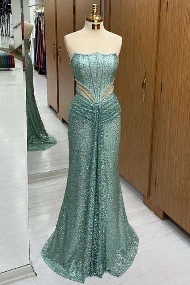 Luxurious Strapless Mermaid Sequined Prom Dresses with Sweep Train