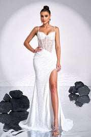 White Sequined Long Mermaid Sleeveless Prom Dresses with Slit