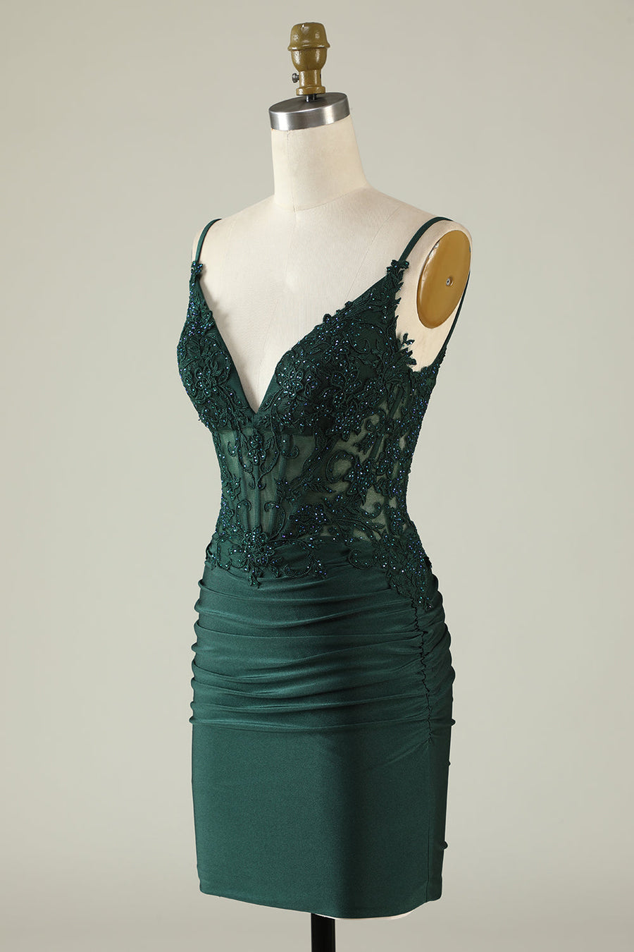 Dark Green Spaghetti Straps Sheath Short Formal Dresses Satin with Open Back