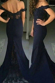 Dark Navy Off-The-Shoulder Stretch Satin Mermiad  Bridesmaid Dresses