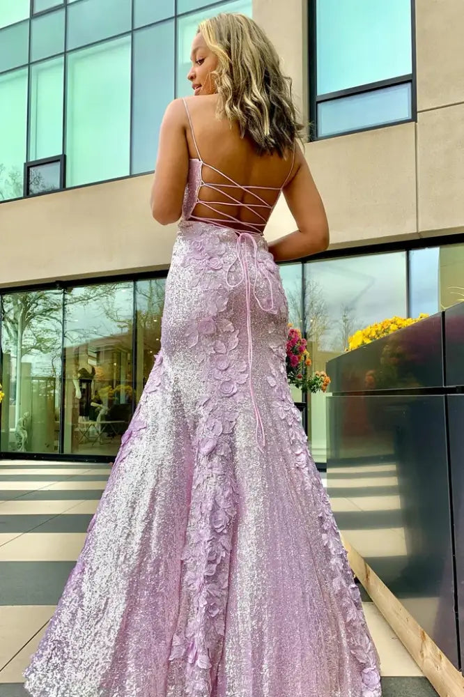 Lilac Floor-Length Sequined Mermaid Prom Party Dresses with Slit