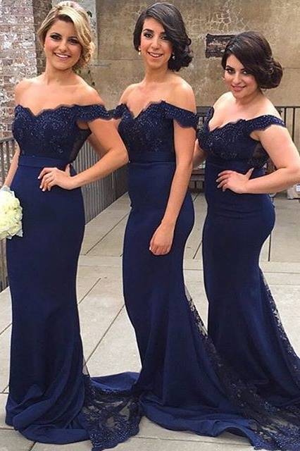 Dark Navy Off-The-Shoulder Stretch Satin Mermiad  Bridesmaid Dresses