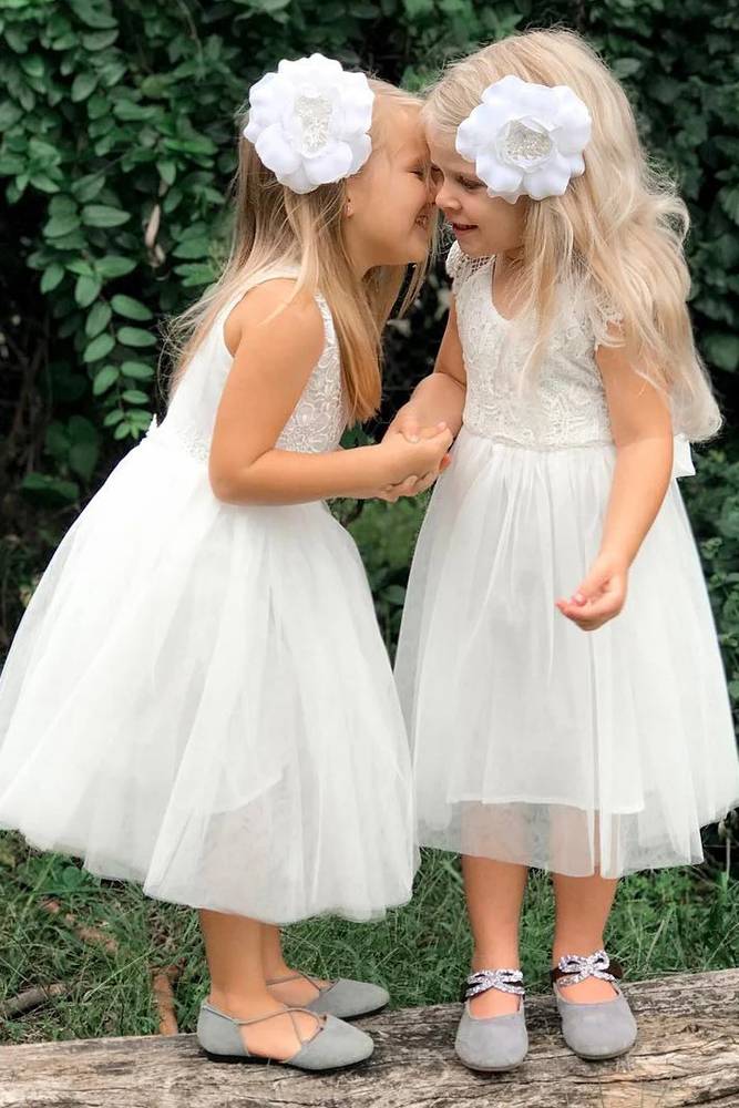 White Tea-Length Jewel Neck Sleeveless Tulle Flower Girl Dresses