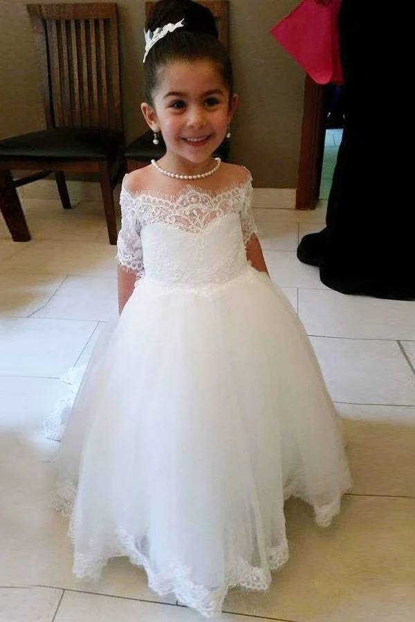 Ball Gown Lace Tulle Off-The-Shoulder Flower Girl Dresses