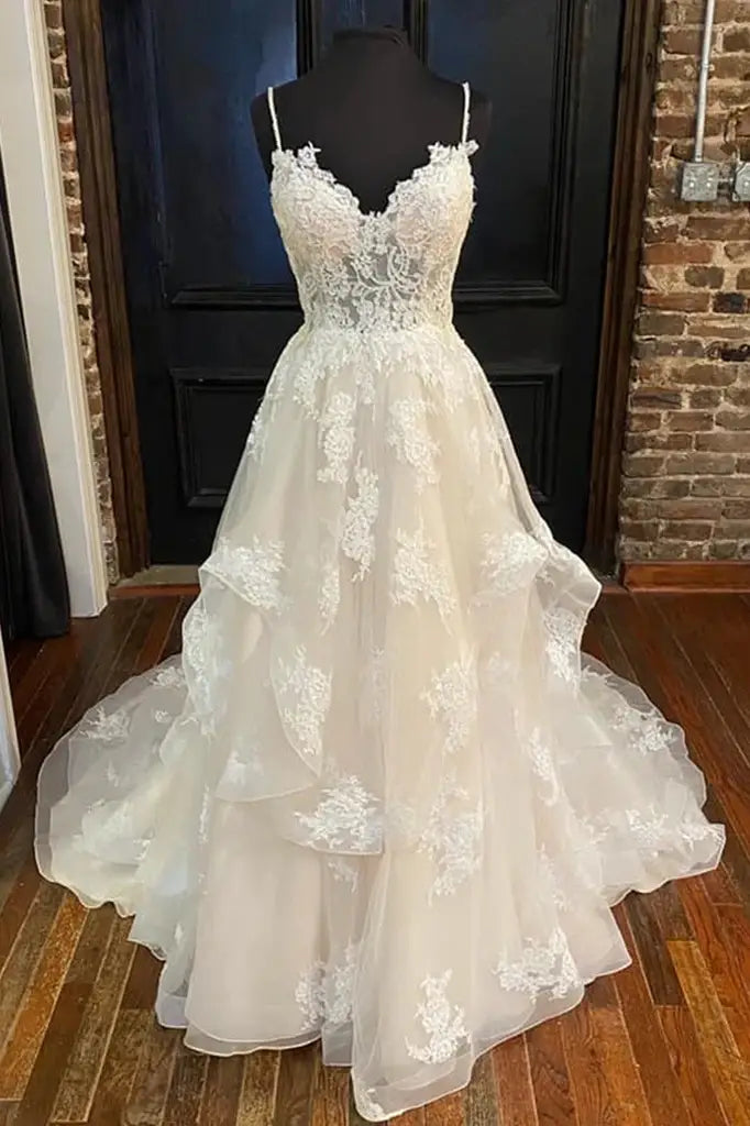 Stunning A-Line Long V-Neck Tulle Wedding Dresses with Appliques