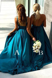 Ocean Blue V-Neck Sleeveless Satin Bridesmaid Dresses