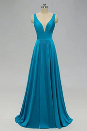 Ocean Blue V-Neck Sleeveless Satin Bridesmaid Dresses