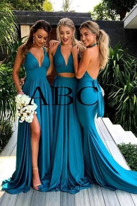 Ocean Blue V-Neck Sleeveless Satin Bridesmaid Dresses