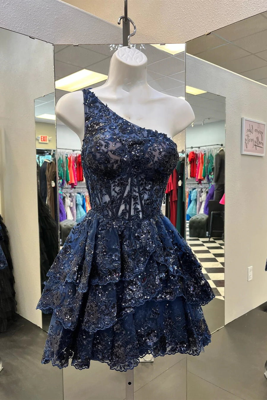 Dark Navy One-Shoulder Tiered Sequined Lace Short Homecoming Dresses