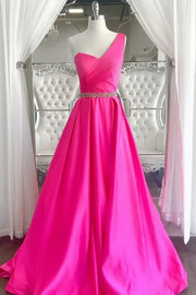 Fuchsia One-Shoulder A-Line Satin Evening Prom Dresses with Rhinestones