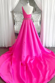 Fuchsia One-Shoulder A-Line Satin Evening Prom Dresses with Rhinestones