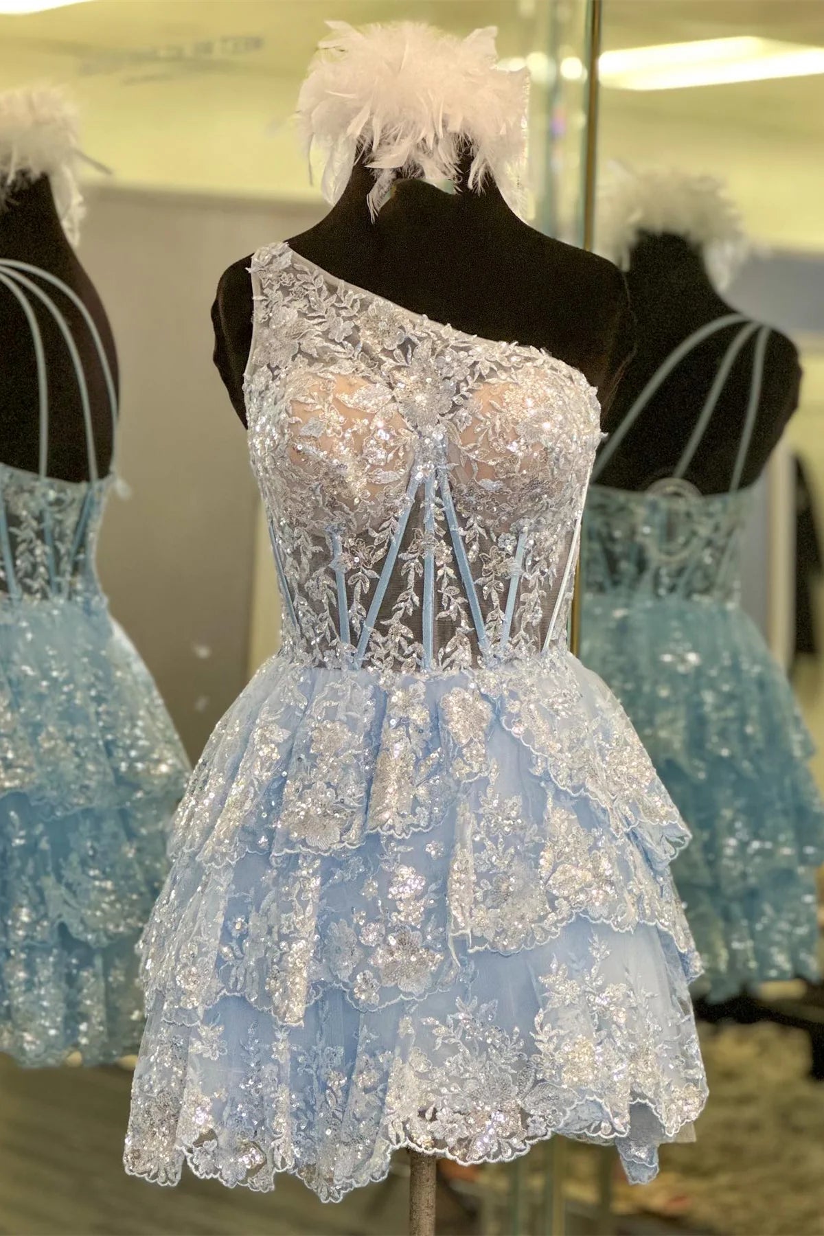 Sky Blue One-Shoulder Tiered Sequined Lace Short Homecoming Dresses