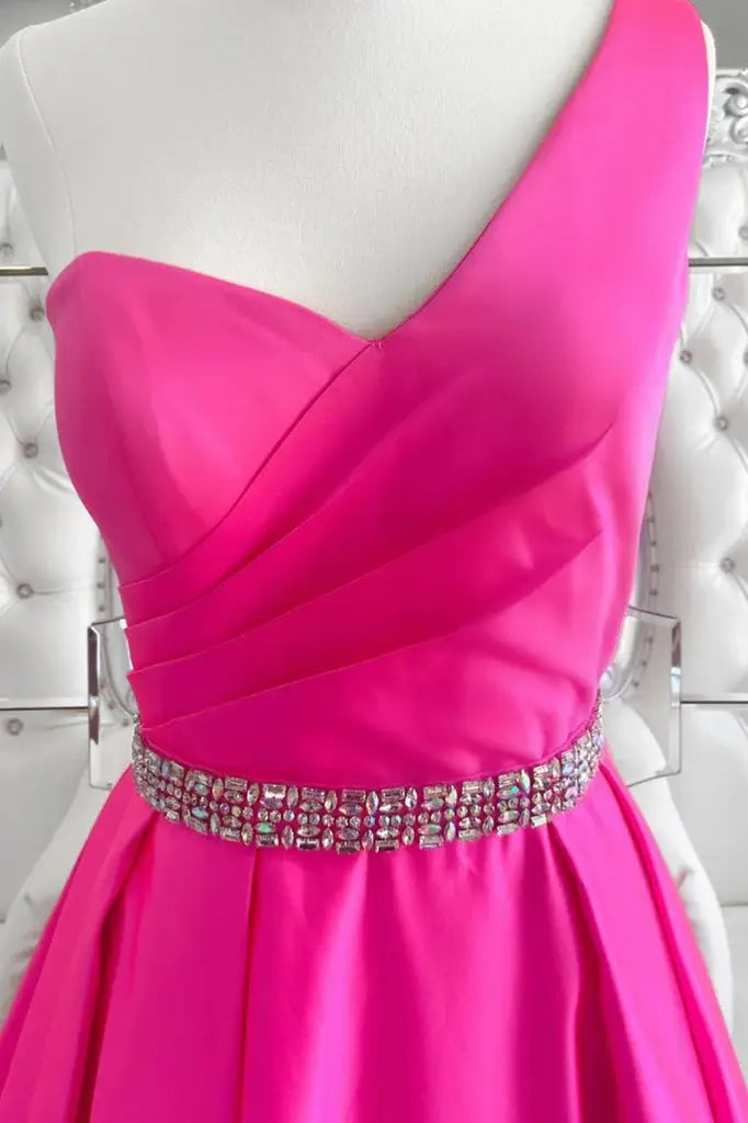 Fuchsia One-Shoulder A-Line Satin Evening Prom Dresses with Rhinestones