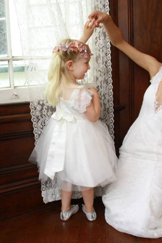 Square Neck A-Line Lace Tulle Flower Girl Dresses with Bow