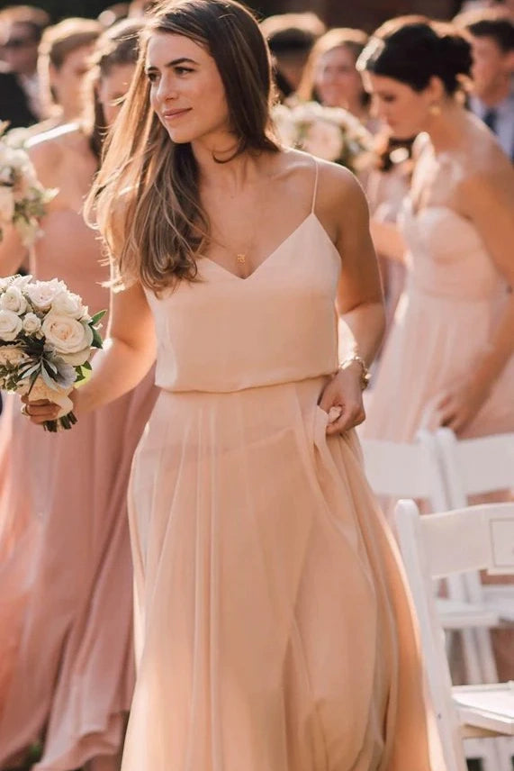 Coral A-Line V-Neck  Chiffon Bridesmaid Dresses