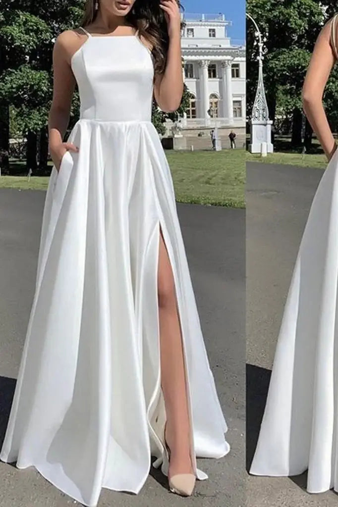 White A-Line Spaghetti Straps Split Front Satin Formal Dresses with Pockets