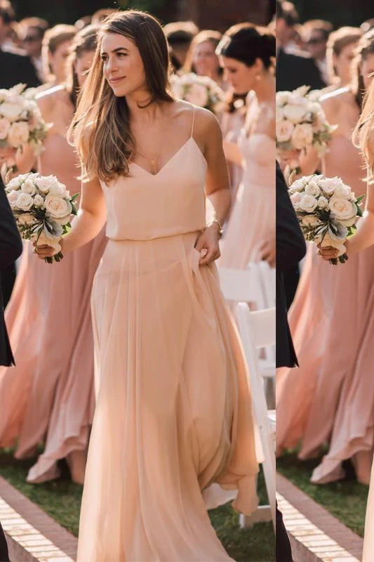 Coral A-Line V-Neck  Chiffon Bridesmaid Dresses