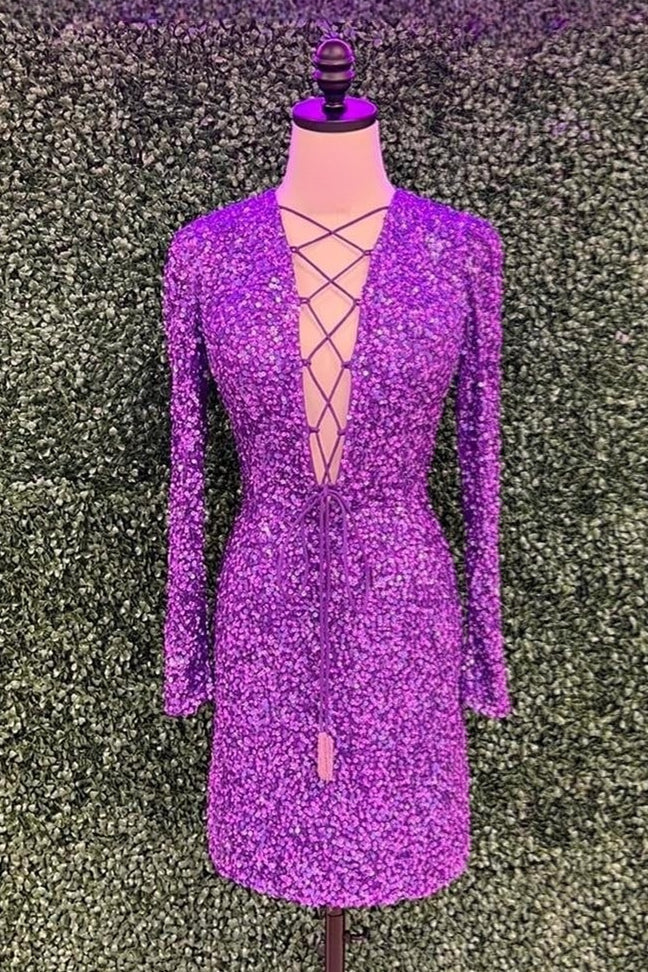 Purple Short Sequined Long Sleeves V-Neck Sheath Homecoming Dresses with Lace-Up