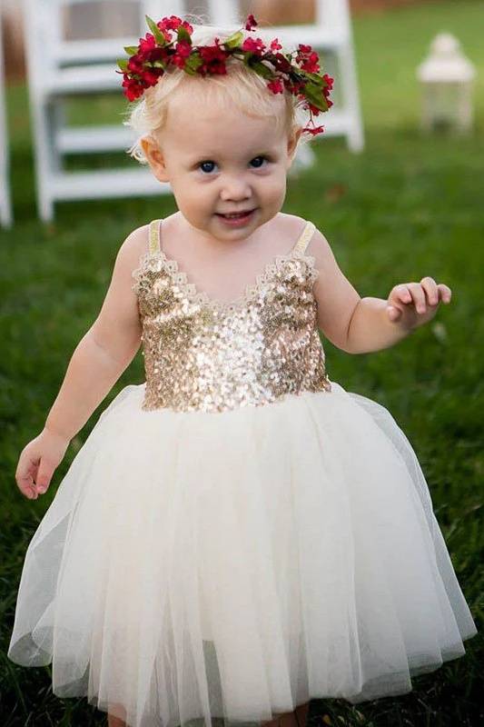 V-Neck Sequined A-Line Tulle Flower Girl Dresses