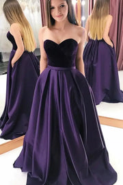 Grape Long A-Line Strapless Satin Velvet Prom Dresses with Pockets