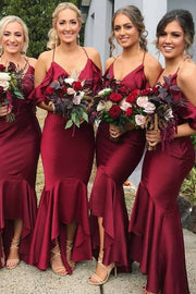 Burgundy Hi-Lo V-Neck Off-The-Shoulder V-Neck Satin Bridesmaid Dresses