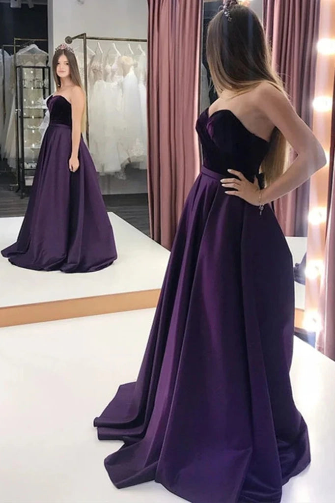 Grape Long A-Line Strapless Satin Velvet Prom Dresses with Pockets