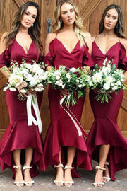 Burgundy Hi-Lo V-Neck Off-The-Shoulder V-Neck Satin Bridesmaid Dresses