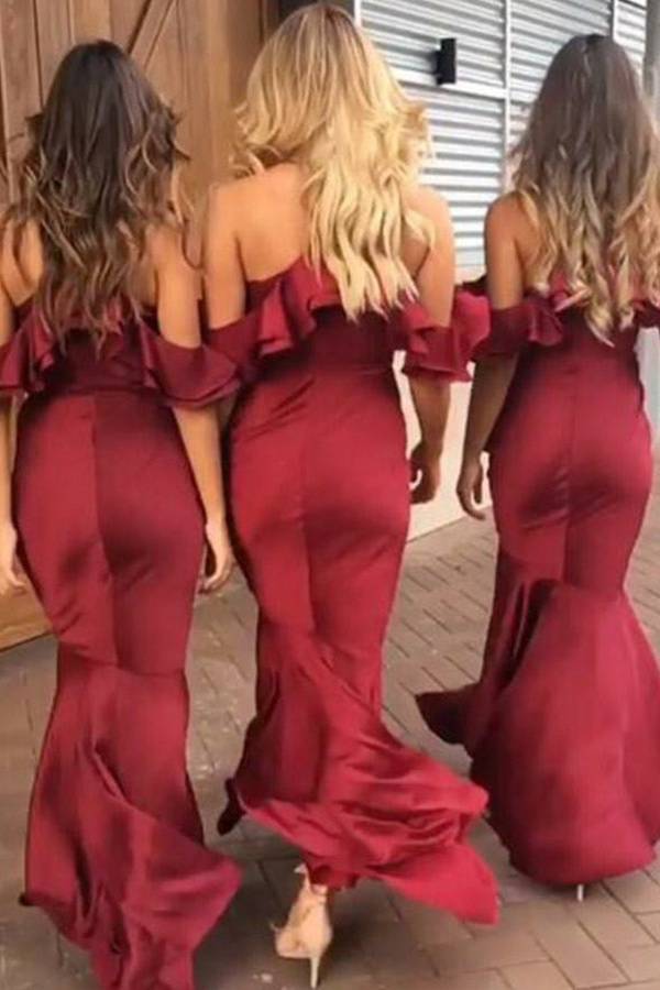 Burgundy Hi-Lo V-Neck Off-The-Shoulder V-Neck Satin Bridesmaid Dresses